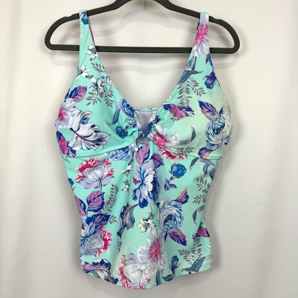 Nanette Lepore Women's Sz 12 Blue Floral Tankini Swimsuit Top Coastal Beachy EUC - Picture 1 of 10